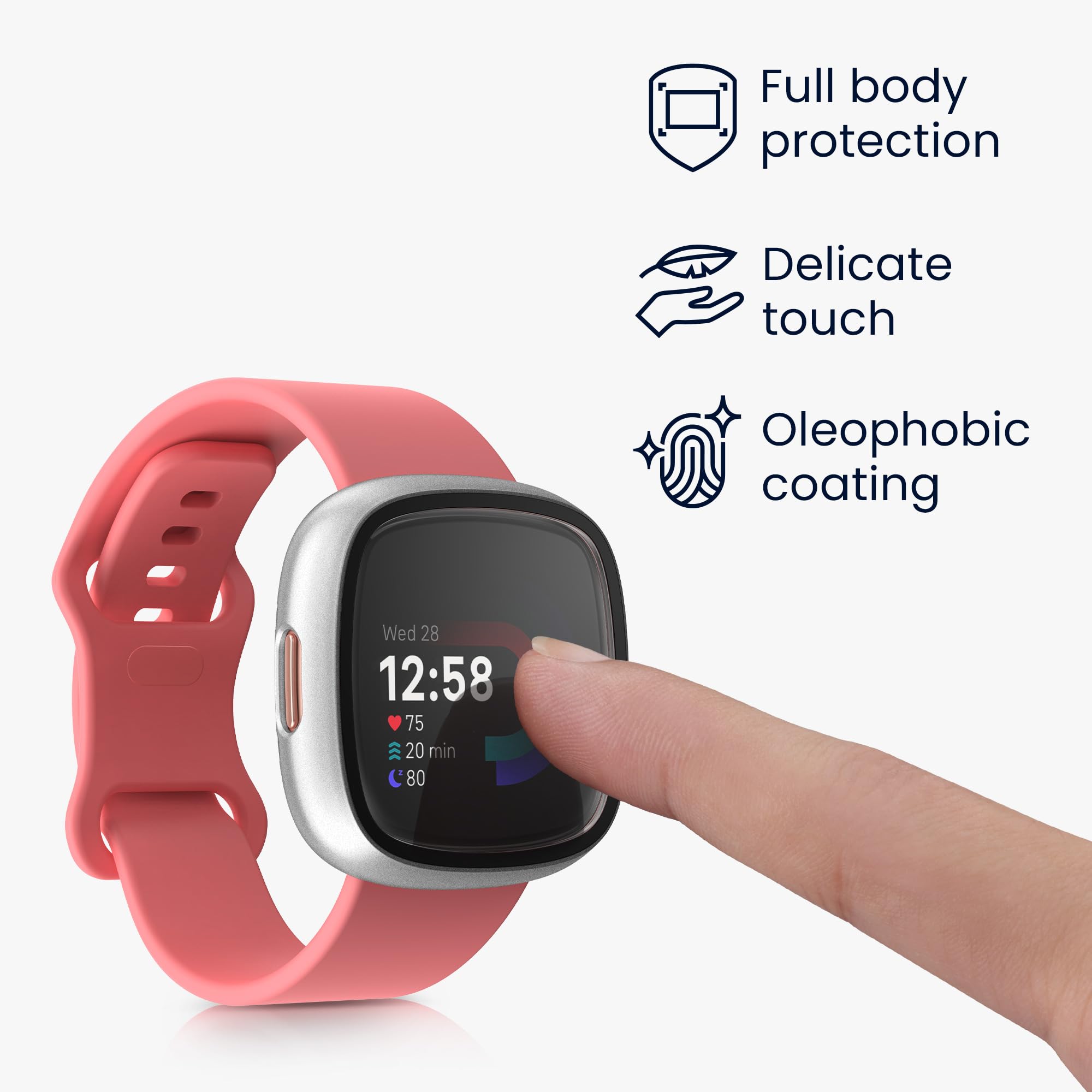 kwmobile 2 Cover with Screen Protector for Fitbit Versa 4 / Sense 2 Case - Tempered Glass with Plastic Frame Covers - Black/Silver - Image 3