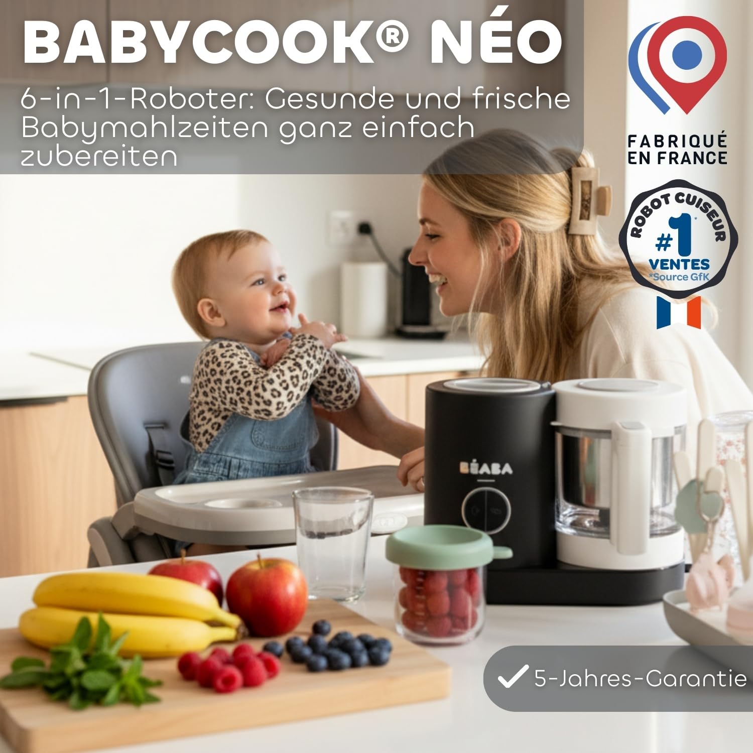 BÉABA Babycook Néo 6-in-1 Babynahrungszubereiter Dampfgarer Mixer Glas-Schüssel Edelstahl-Behälter Schwarz