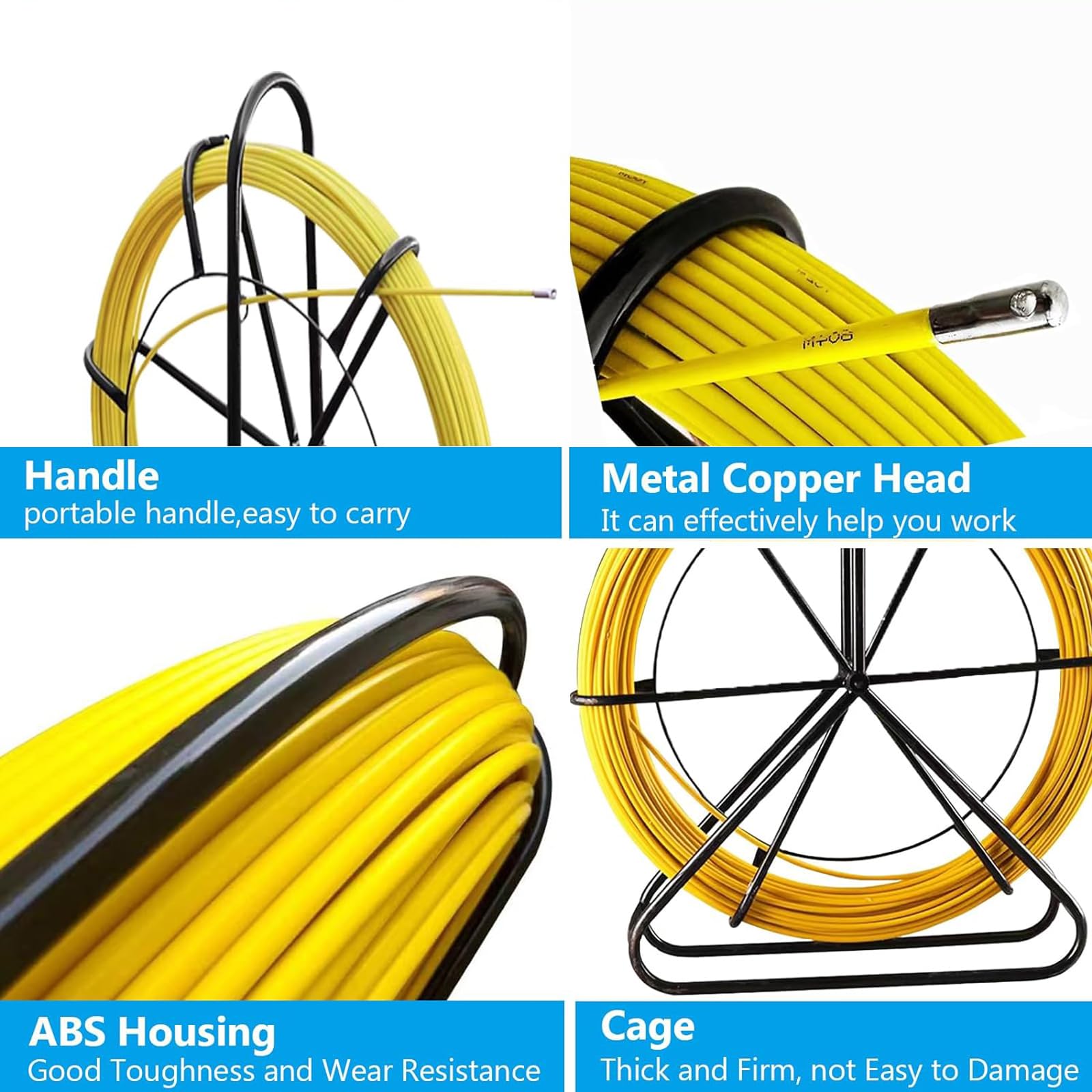 6mm 50m Ruban Bande à Poisson en Fibre de Verre, Aiguille De Tirage Fibre Optique Conduit de câble Porte-moulinet en acier, enfileur de câble de pipeline d'électricien