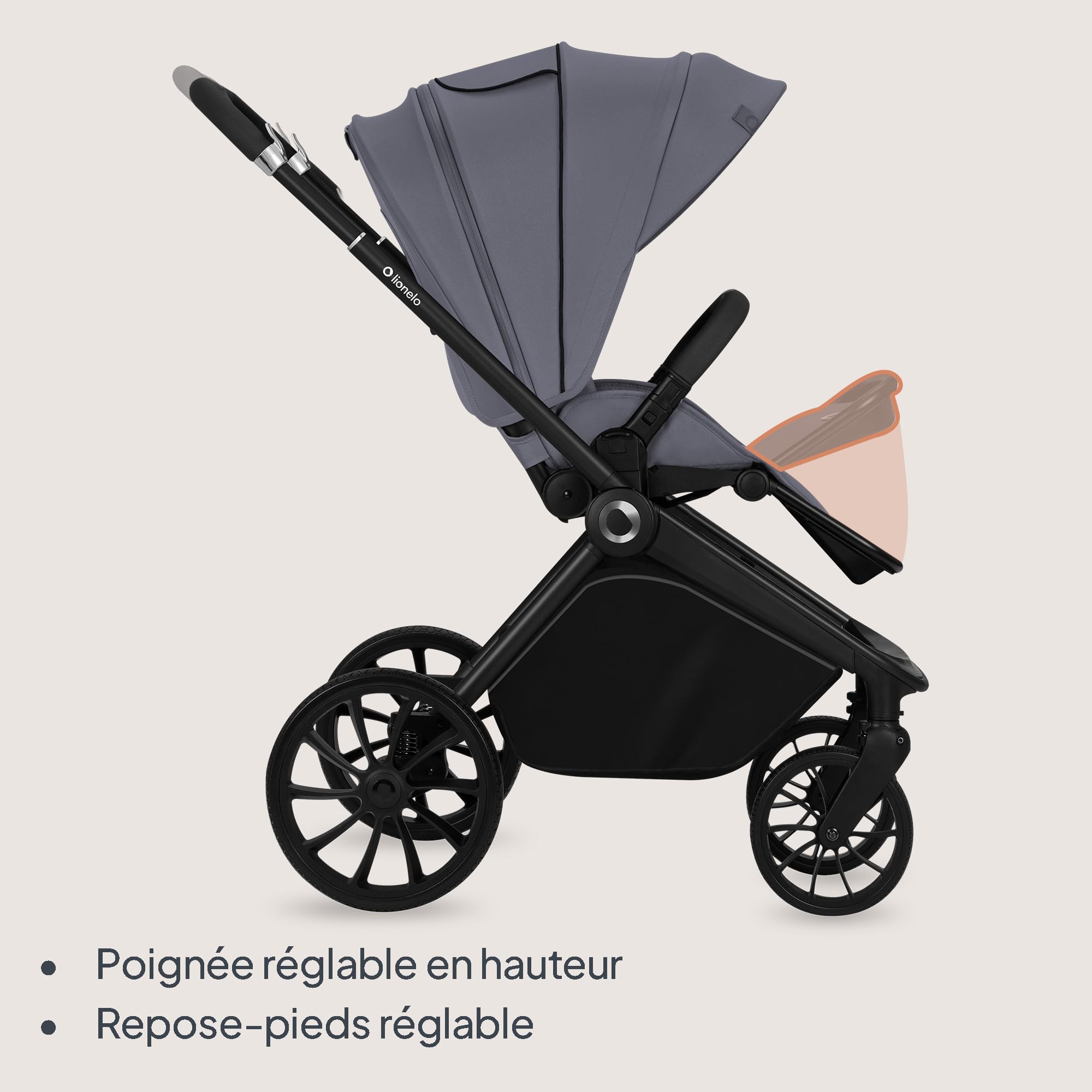 Lionelo Mika Plus Poussette légère tout-terrain pour enfant de 6 à 48 mois pesant jusqu'à 22 kg, siège plat réversible, XXL hydrofuge UPF50+, suspension avant et arrière, grand panier de courses
