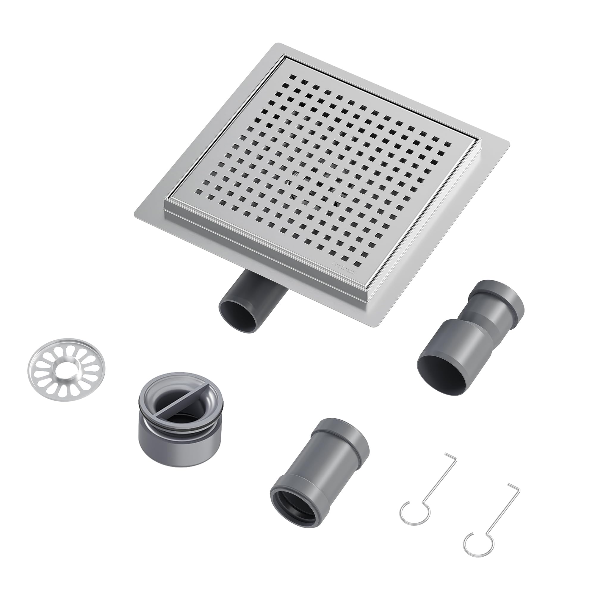 Neodrain Shower Drain Stainless Steel Square Floor Drain 20cm with 360° Siphon, Hair Strainer and Drain Adapters for Bathroom