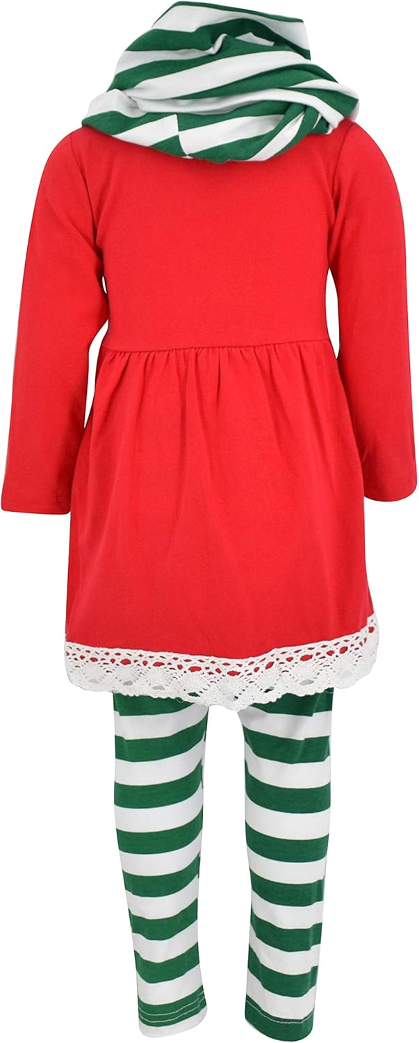 Unique Baby Girls Kids Toddler 3pc Outfit Set Long Sleeve Lace Trim Tunic Top Leggings and Scarf - Image 3