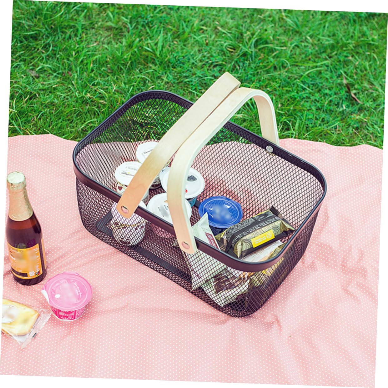Mehrzweck Aufbewahrungskorb mit Holzgriff Länglicher Eisenkorb Tragbarer Haushaltskorb für Küche Picknick und Supermarkteinkäufe Zufällige Farbe
