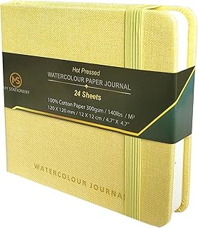 Watercolour Pad Hot Pressed Paper Sketch Book Linen Fabric Hardcover Thread Sewn Binding Paper Journal 140lb (300gsm) 100% Cotton Off-White Paper Sketchbook 24 Sheets – 12 X 12 CM