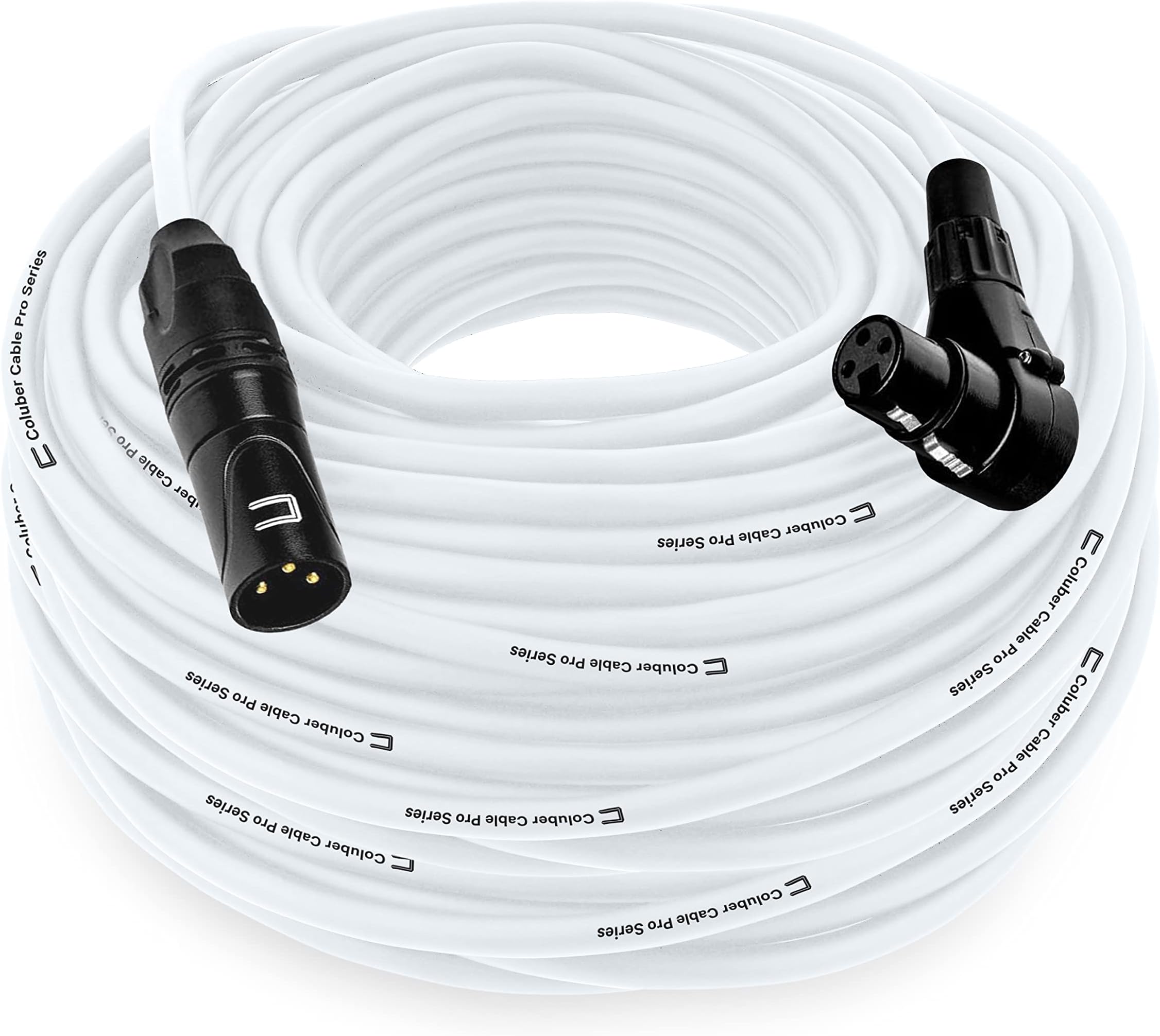 Balanced XLR Cable Male to Right Angle Female - 100 Feet White - Pro 3-Pin Microphone Connector for Powered Speakers, Audio Interface or Mixer for Live Performance & Recording