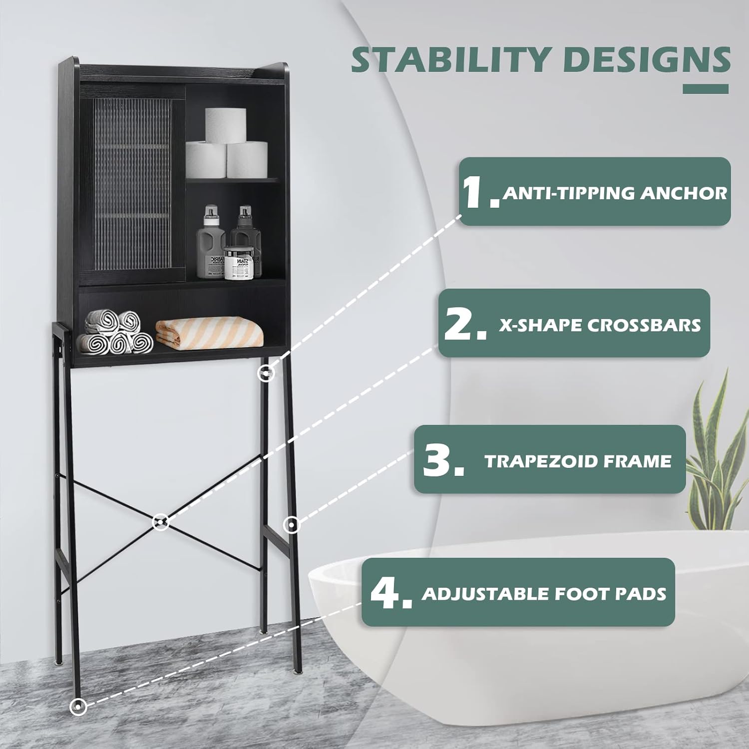 SUNTAGE Over Toilet Storage Cabinet for Bathroom, Over Toilet Shelf Organizer, Freestanding Space Saver with Adjustable Shelves, Wide Open Shelf, Acrylic Sliding Door, Metal Frame, Black