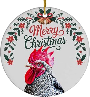 Funny Plymouth Rock Chicken Rooster Christmas Ornament Ceramic Circle White - Merry Christmas 2025 Holiday Keepsake Decoration - Xmas Tree Hanging Decor Gifts for Chicken Lovers