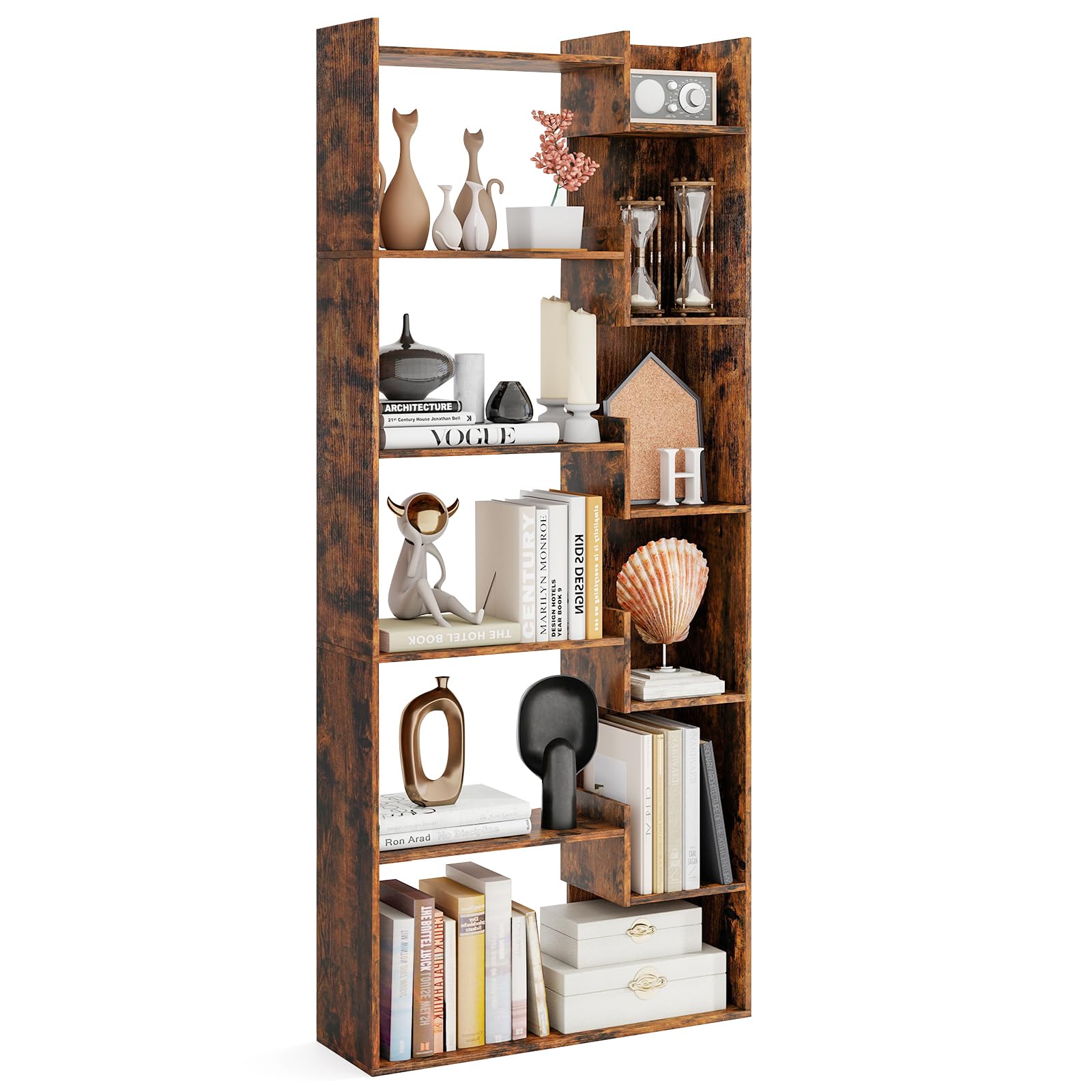 GOPLUS Librería de Madera de 6 Niveles, Estantería Alta con Sistema Antivuelco, Separador de Ambientes Independiente, Soporte de Exhibición para Dormitorio y Oficina (Marrón Rústico)