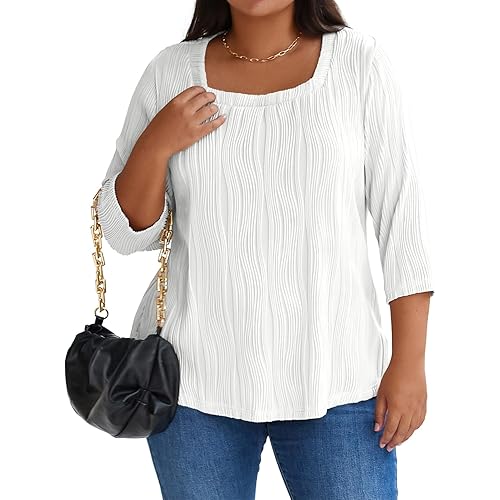 Beautife Womens Plus Size Tunic Tops Work Casual 3/4 Sleeve Textured Square Neck Shirts Blouse
