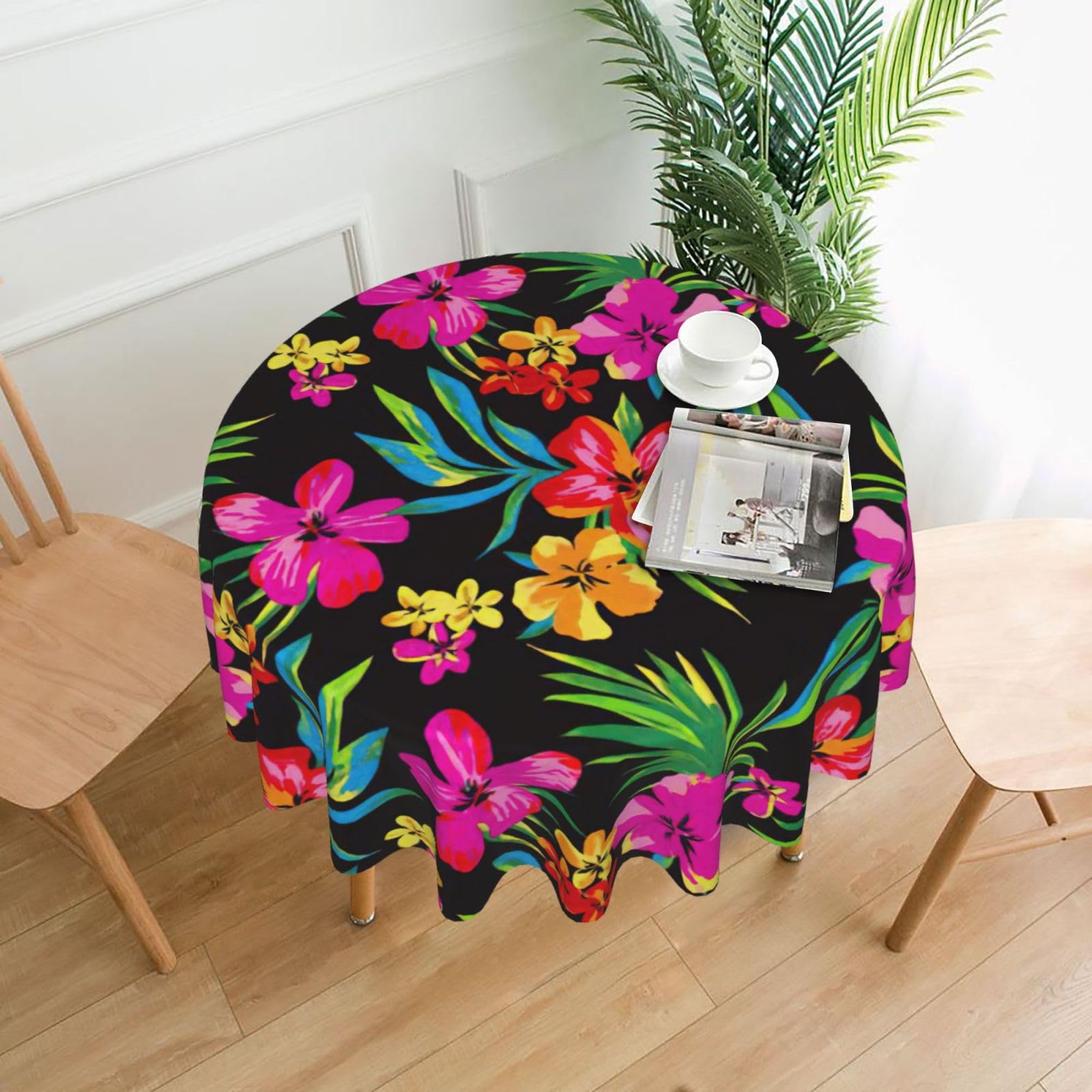 SDEGTHO Hawaiian Colorful Flower Print Modern Retro Round Tablecloth 60in Polyester Fabric Cover for Party Dining Table Washable