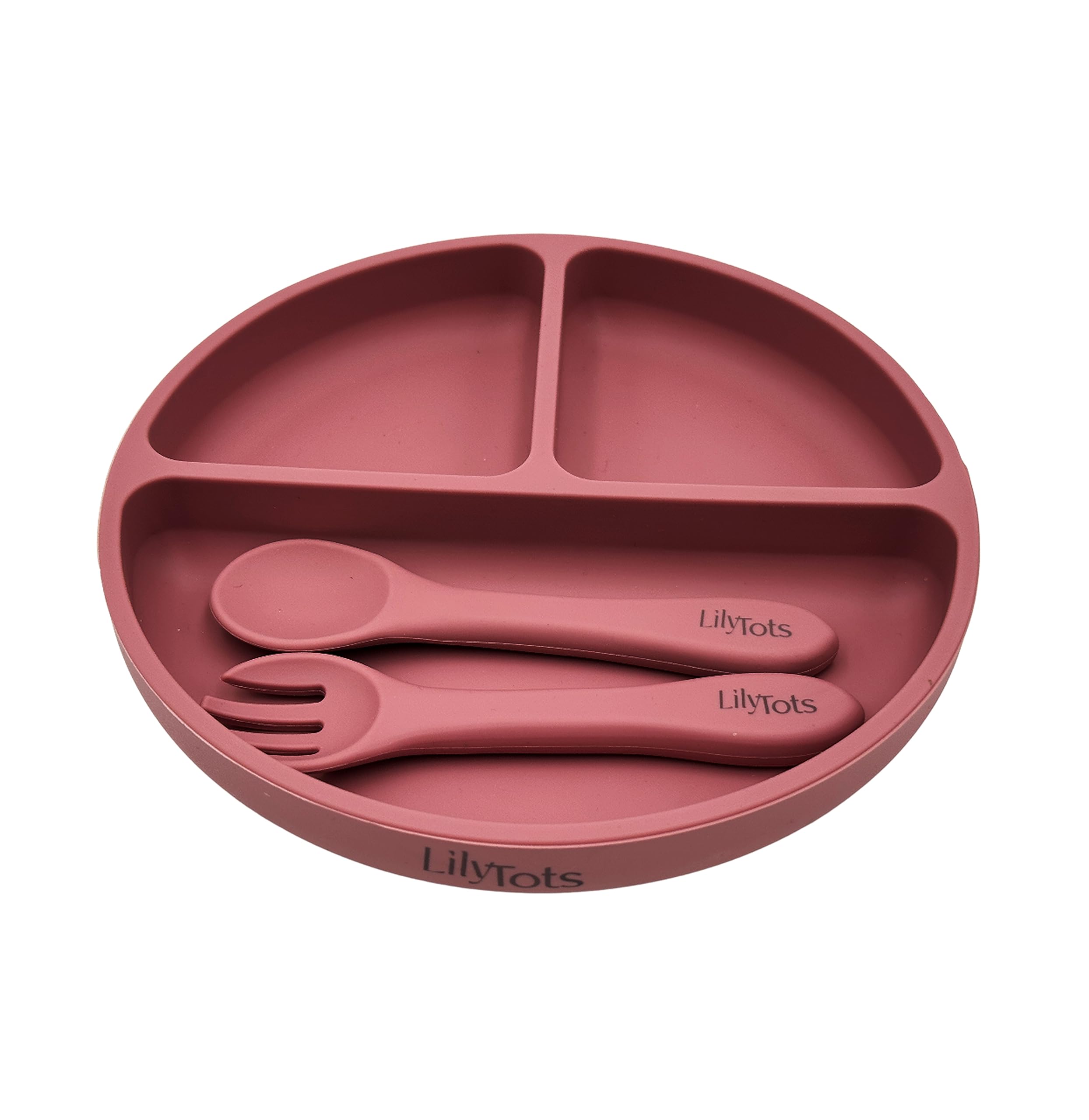 LilyTots™ Silicone Plate, Soft Spoon & Fork Set with Stay Put Suction, Divided Sections for Babies, Kids | 100% Food Safe Silicon for Baby Gums & Teething | Microwave & Dishwasher Useable (Rose Taupe)
