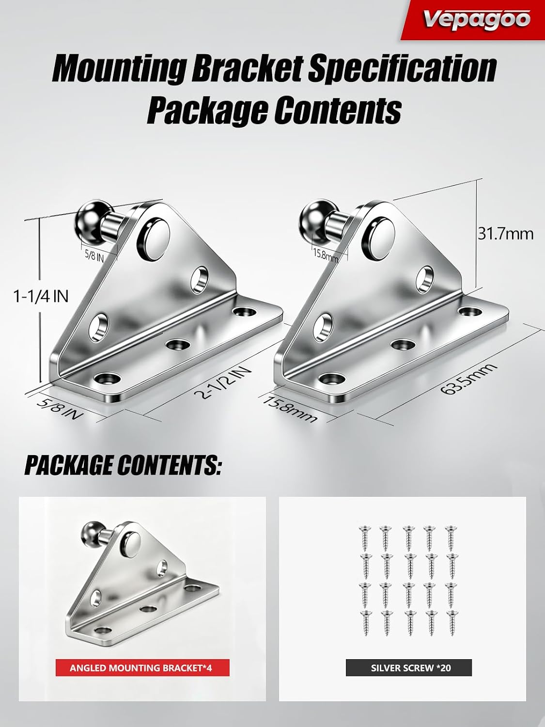 Vepagoo 10mm Ball Stud Mounting Bracket, Gas Struts Lift Support Bracket Ball Stud, 4pcs L-Type and 20pcs Screws (Only Fits 10mm Ball Head), Silver