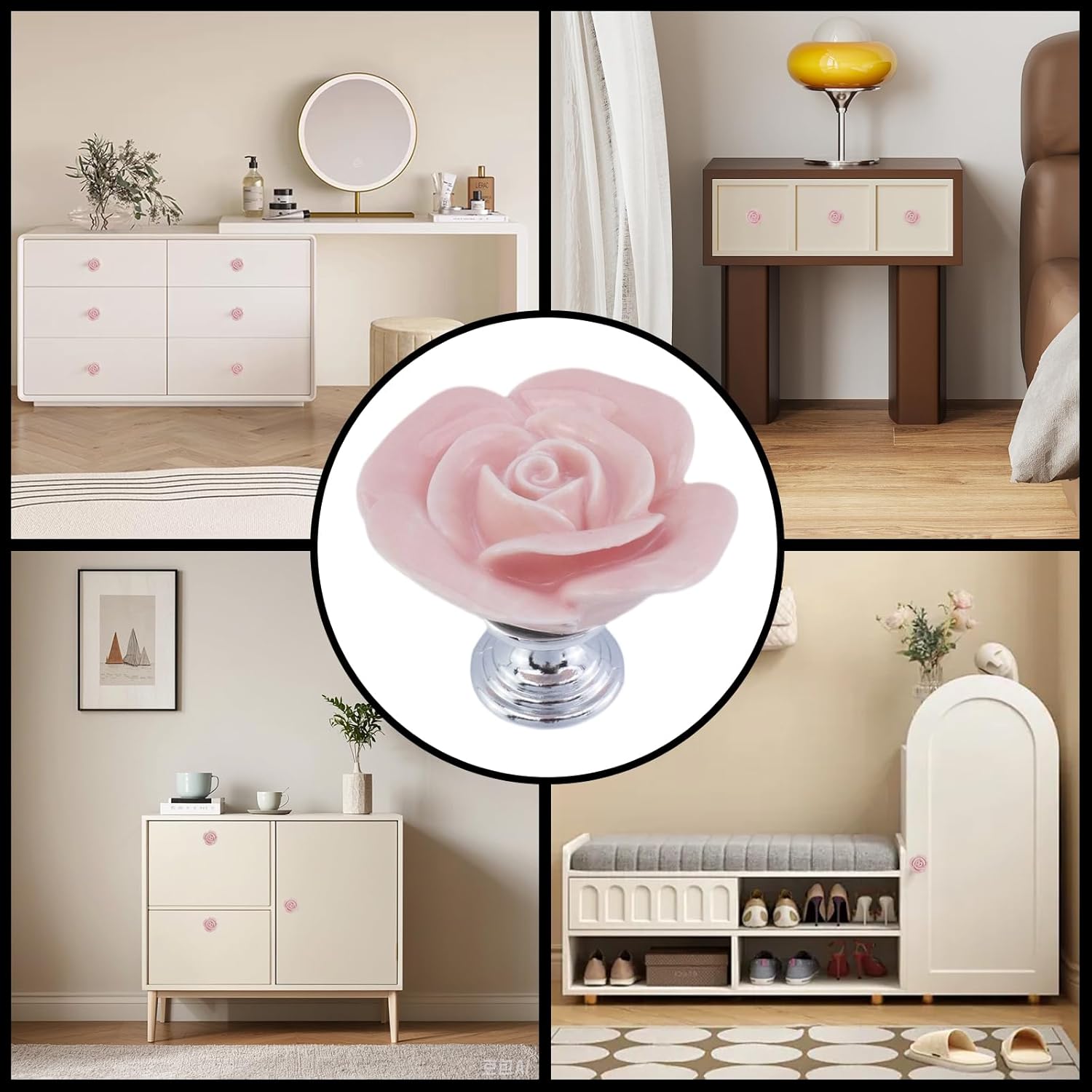 8PCS 1.57" × 1.3" Ceramics Light Pink Rose with Base Knobs Flower Shaped Pulls for Cupboard Drawer with 2 Kinds of Screws
