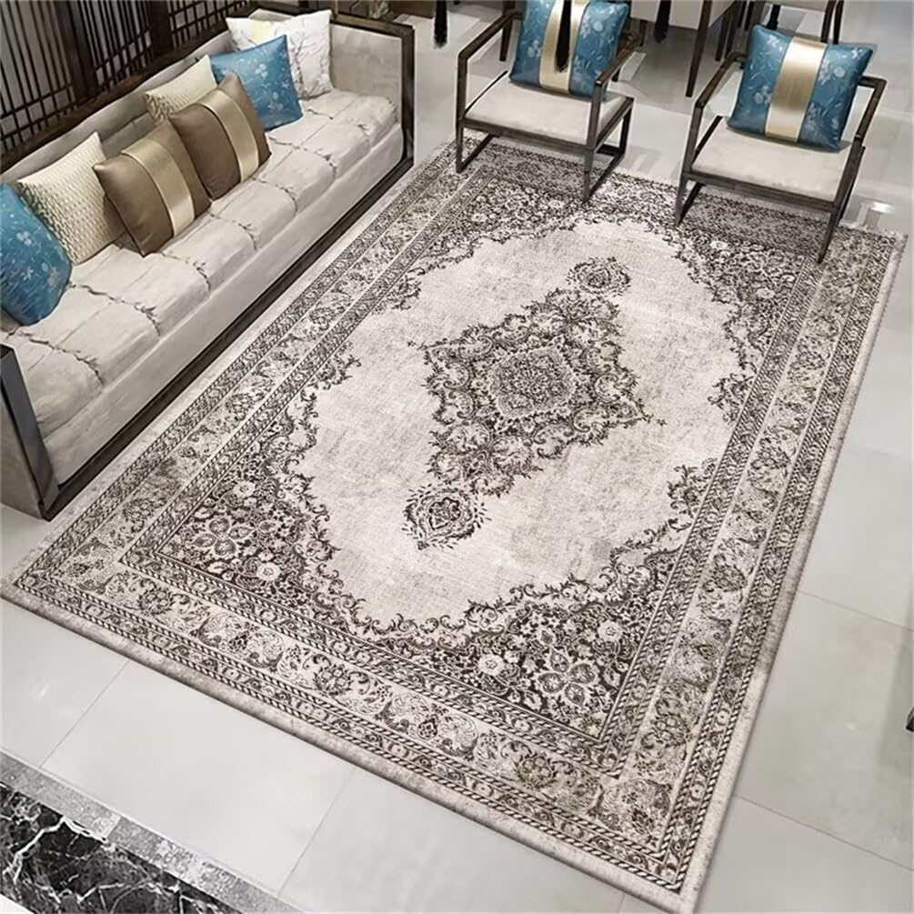 Tapis de salon gris 200x200cm à motif floral vintage et poil court lavable