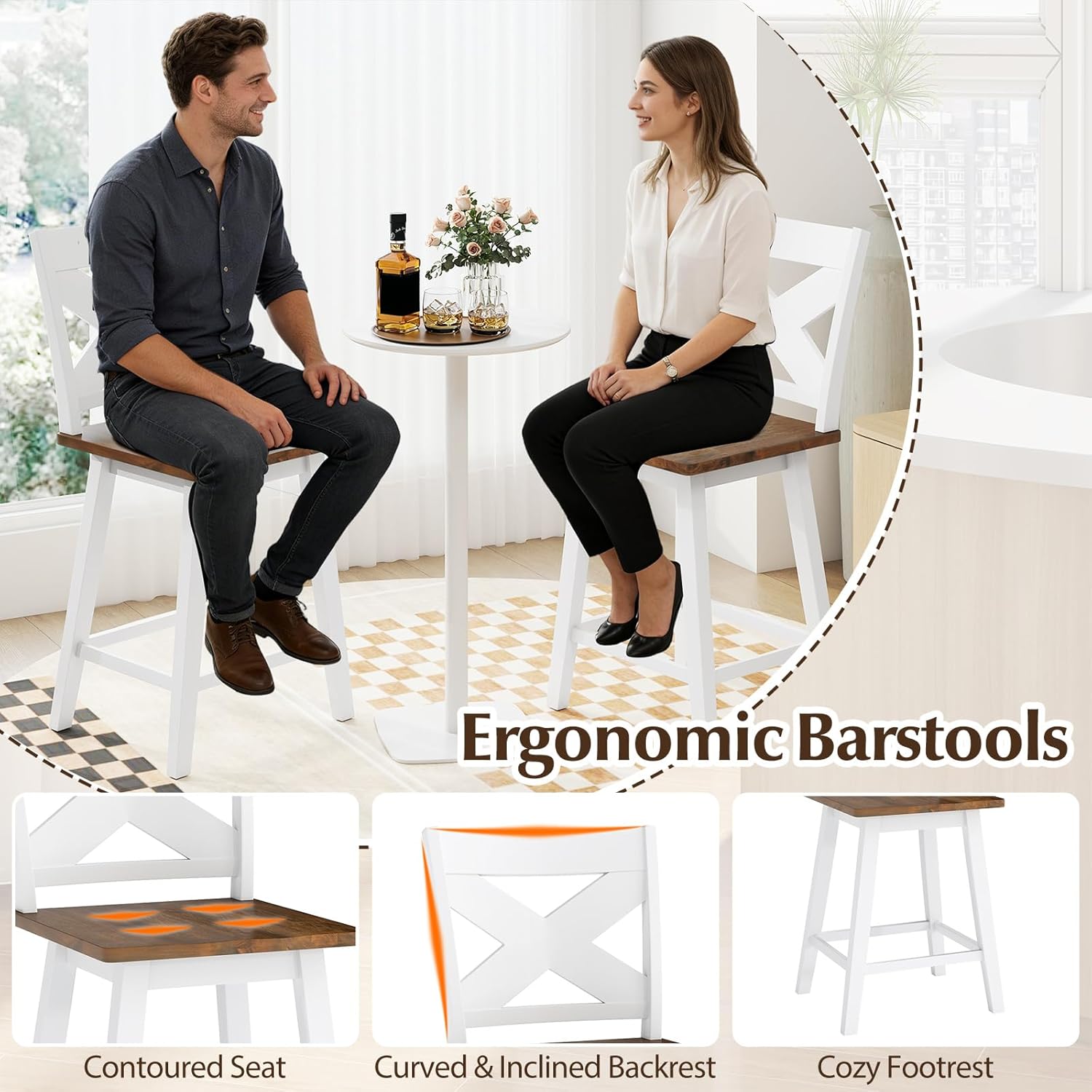 COSTWAY 24" Swivel Barstools Set of 2, Rubberwood Counter Height Chairs with Backrest & Large Seat, 360° Rotating High Top Seats with Footrest for Kitchen Island, Pub (Set of 2: 24'',White + Walnut)