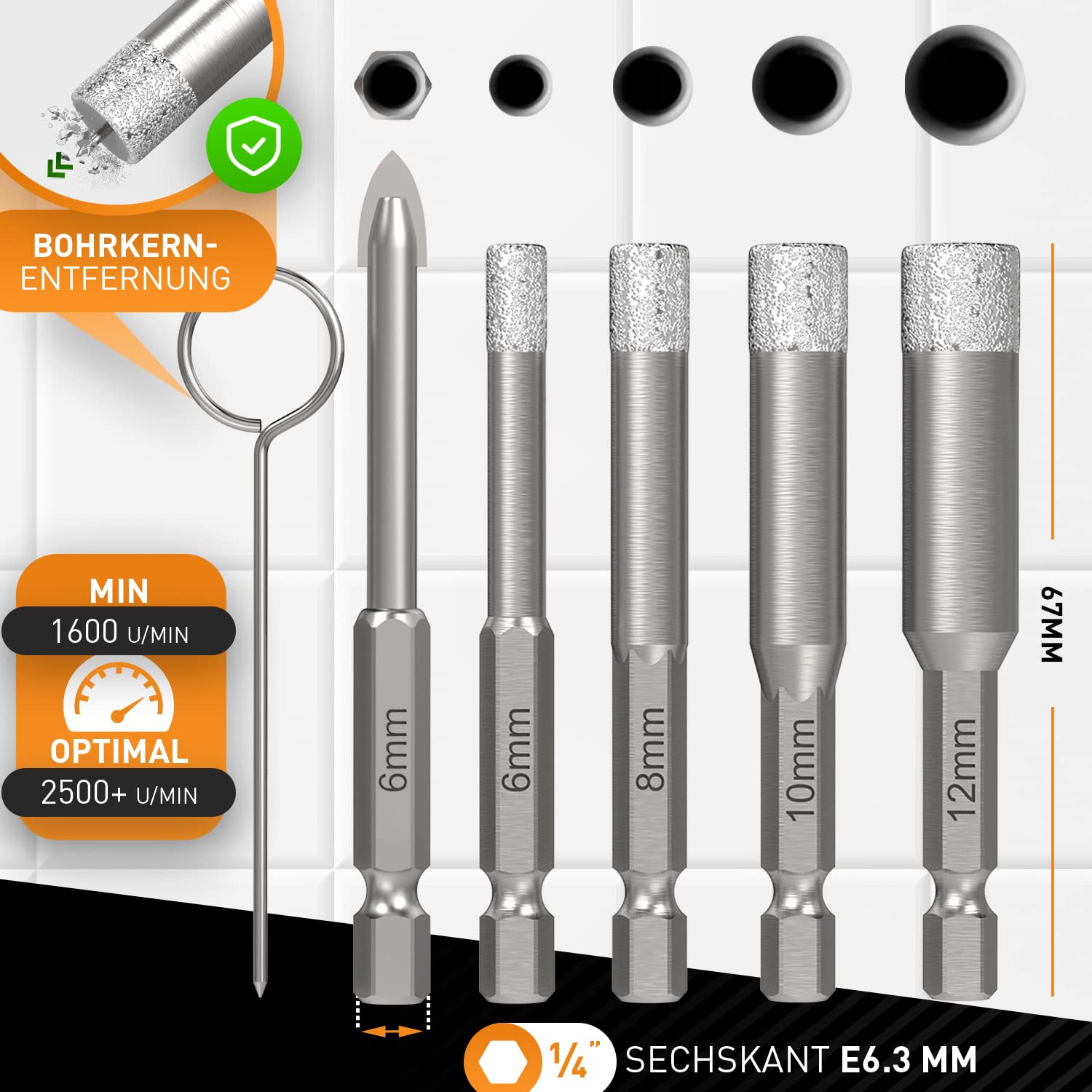 HARDTWERK Set di 6 Punte Diamantate per Piastrelle 6-12 mm Punta Carburo 6 mm