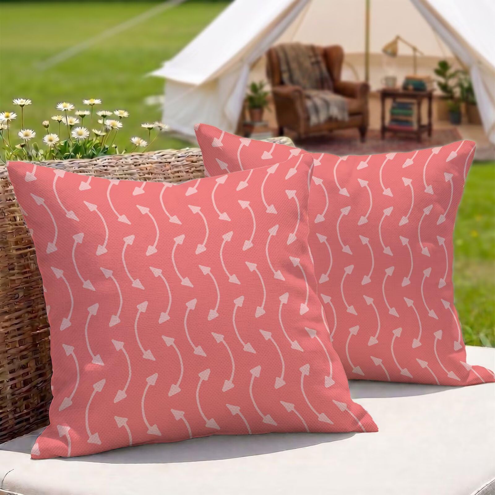 Housses de coussin 60x60 extérieur rose et abstrait déperlantes lot de 2