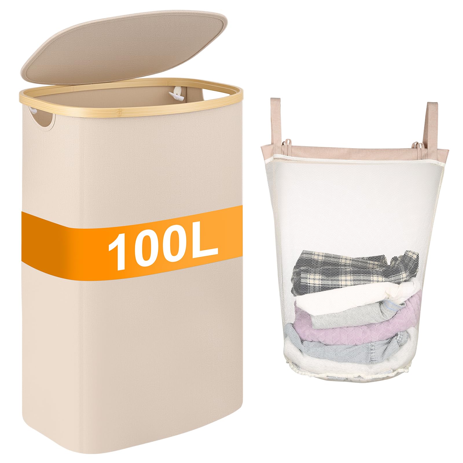Laundry Hamper with Lid, 100L Clothes Hampers for Laundry with Bamboo Handles and A Removable Bag, Fordable laundry Basket with Lid for Bathroom, Bedroom, Dorm, Laundry Room