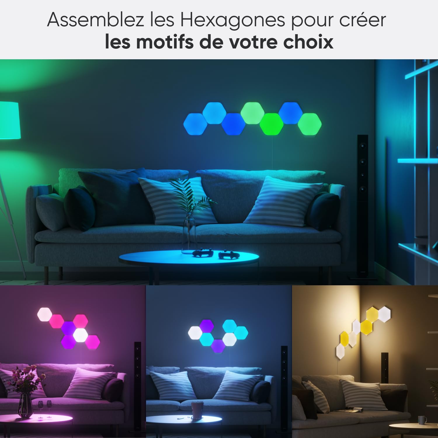 Nanoleaf Shapes Hexagone Kit de Démarrage, 9 Panneaux Lumineux LED Connectés - Appliques Murales Luminaires Intérieur Modulaires RGBW Wi-Fi, Compatible Alexa, pour Salon Chambre ou Bureau Gaming