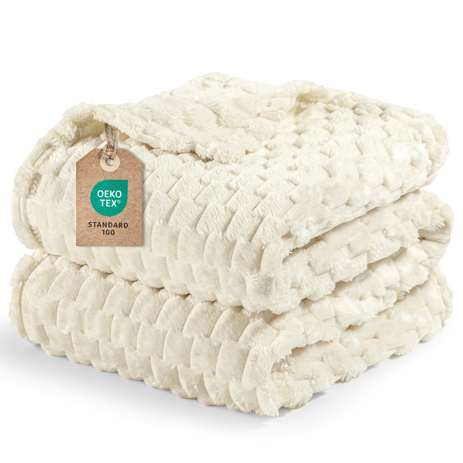 PHF Fleece Blanket Single Size 127x152cm, No Shedding No Pilling Soft Lightweight 3D Jacquard Sherpa Fleece Throw Blanket for Bed, Fluffy Cozy All Season Single Blanket, Jacquard Cream — image 1