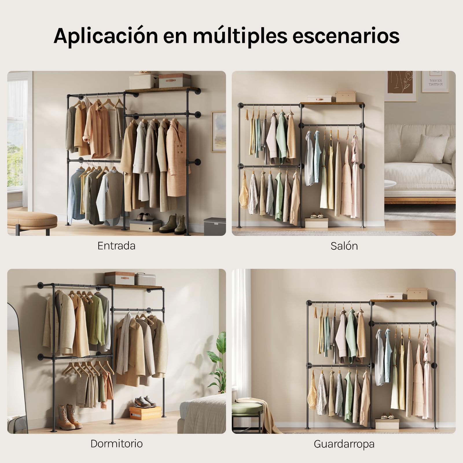 WOLTU Perchero de Pared, Armario Abierto, Perchero con Estante, Burro para Ropa, Barra de Colgar de Tubos Metálicos, Diseño Industrial y Vintage, Negro + Marrón Rústico