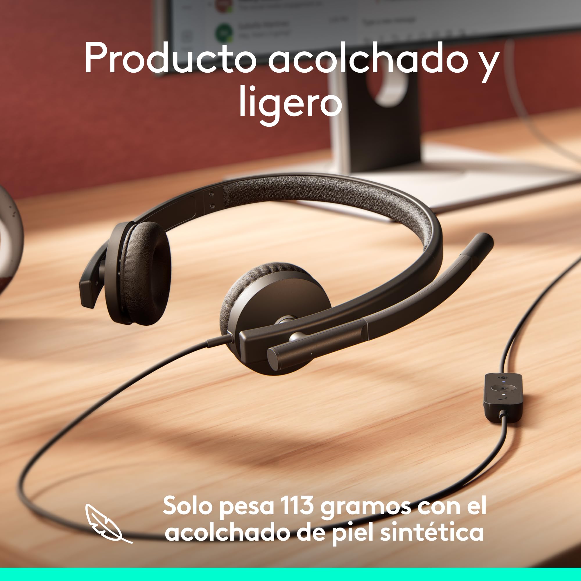 Logitech H570e, Auriculares USB con micrófono | PC/Mac, auriculares cable USB-C estéreo, cancelación ruido, controles integrados cable, Microsoft Teams, negro
