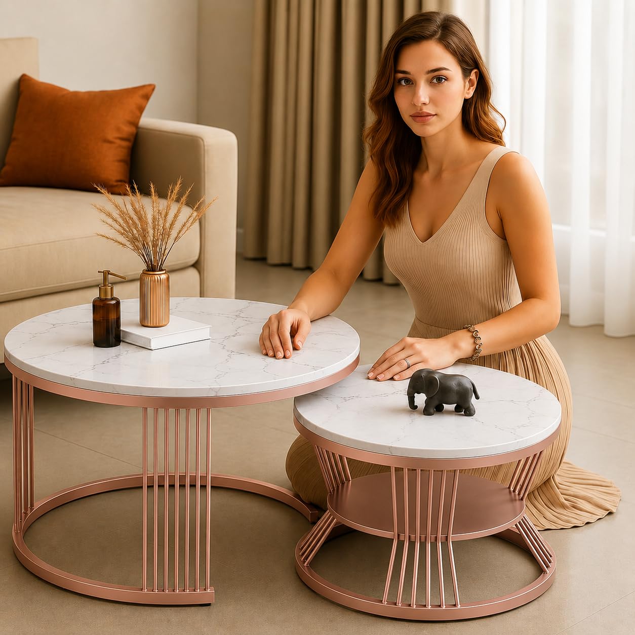 Coffee Table, Round-Ended Nested Table, Elegant Table with Metal Empty Frame, for Living Room Bed Room, Balcony Simple and Versatile Extendable Set of 2 (Rosegold White)-image-33