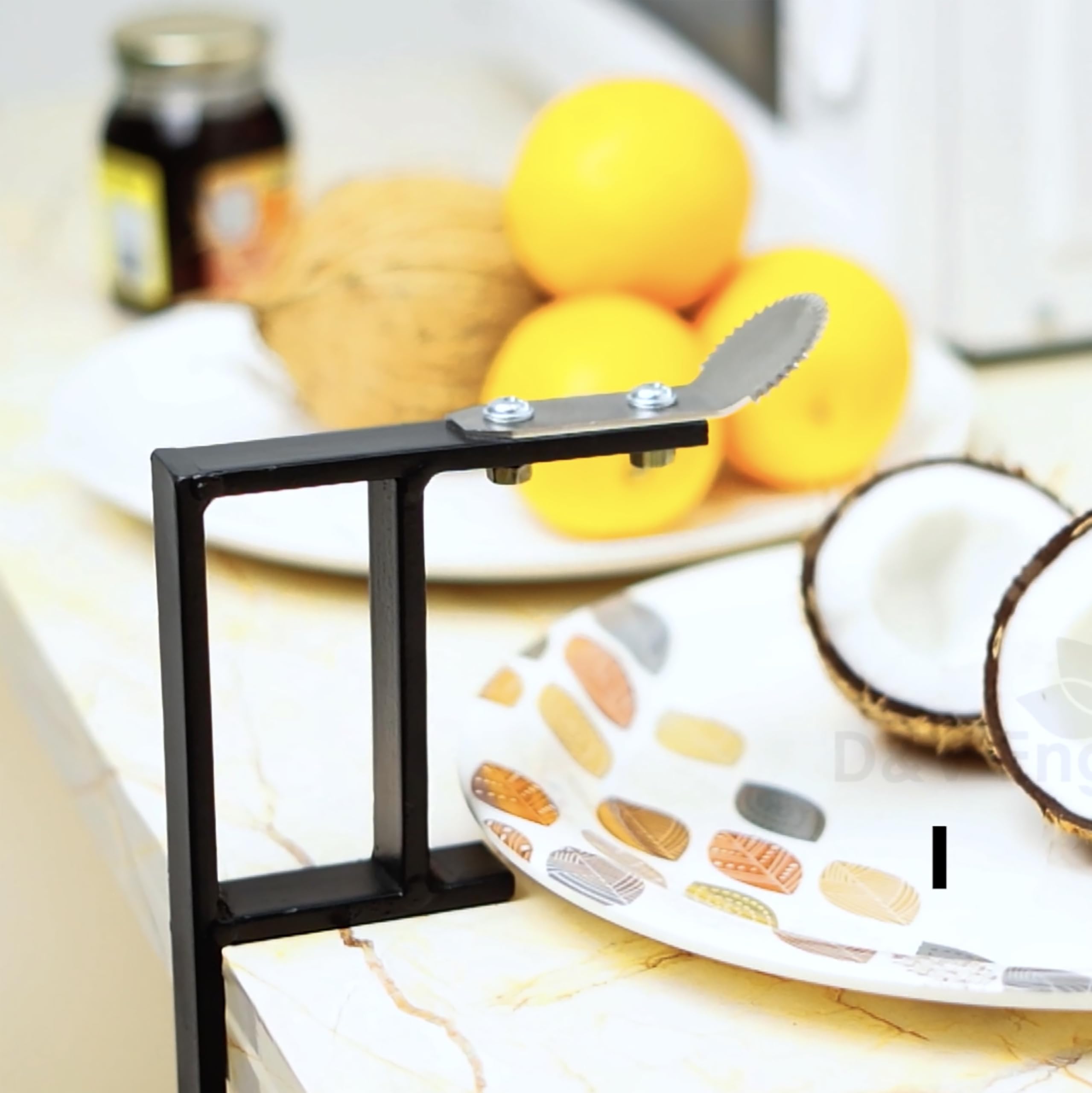 D&V Engineering Heavy-Duty Table-Mount Coconut Scraper & Grater | Sharp 2 mm Stainless Steel Blade, Durable Metal Frame | Easy, Fast Coconut Grating | Fits Up to 3-Inch Slabs, Black Frame 4