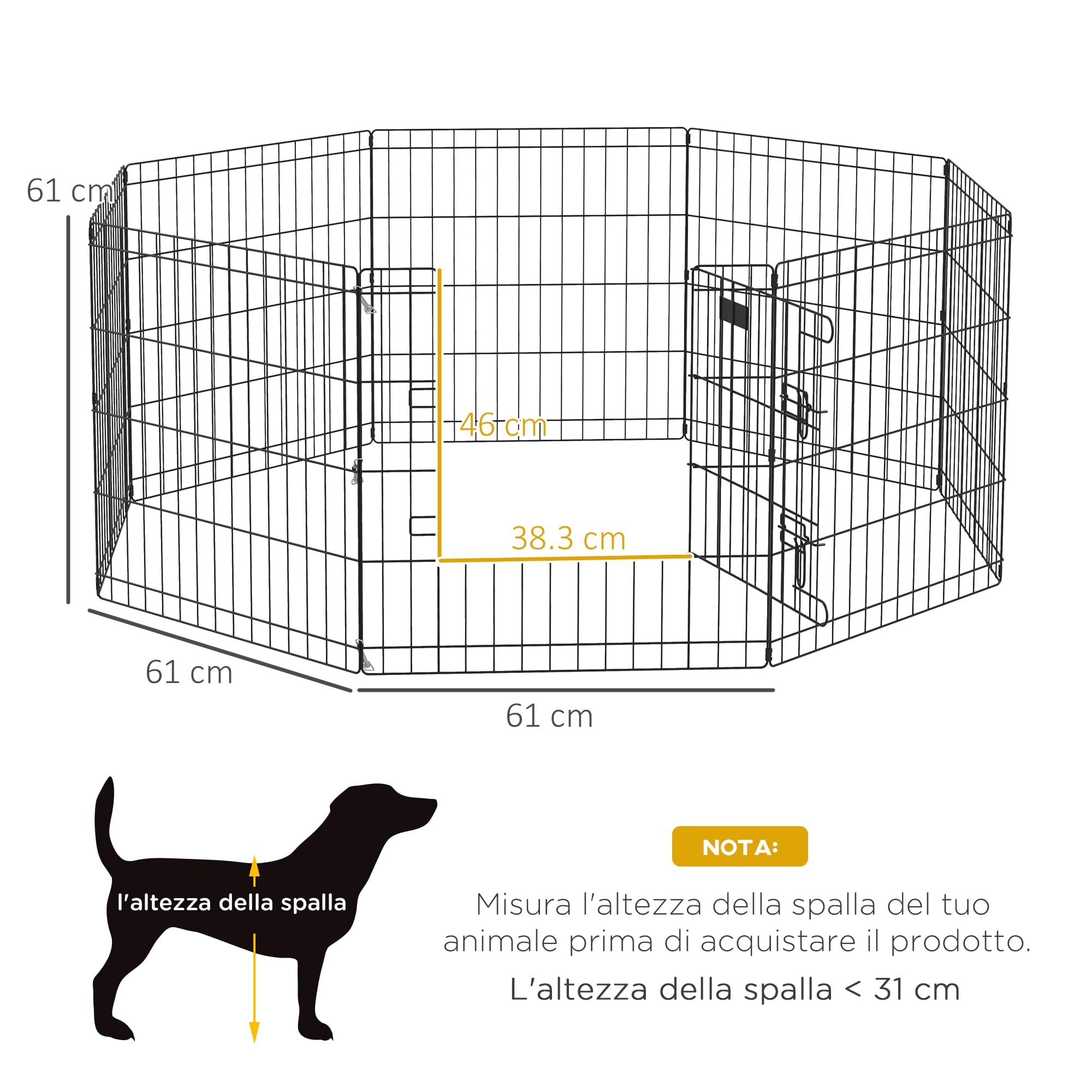 PawHut Recinto per Cani da Esterno e Interno, Recinzione Box per Cani e Cuccioli con 8 Pannelli a Rete e Porta 61 x 61cm, Nero