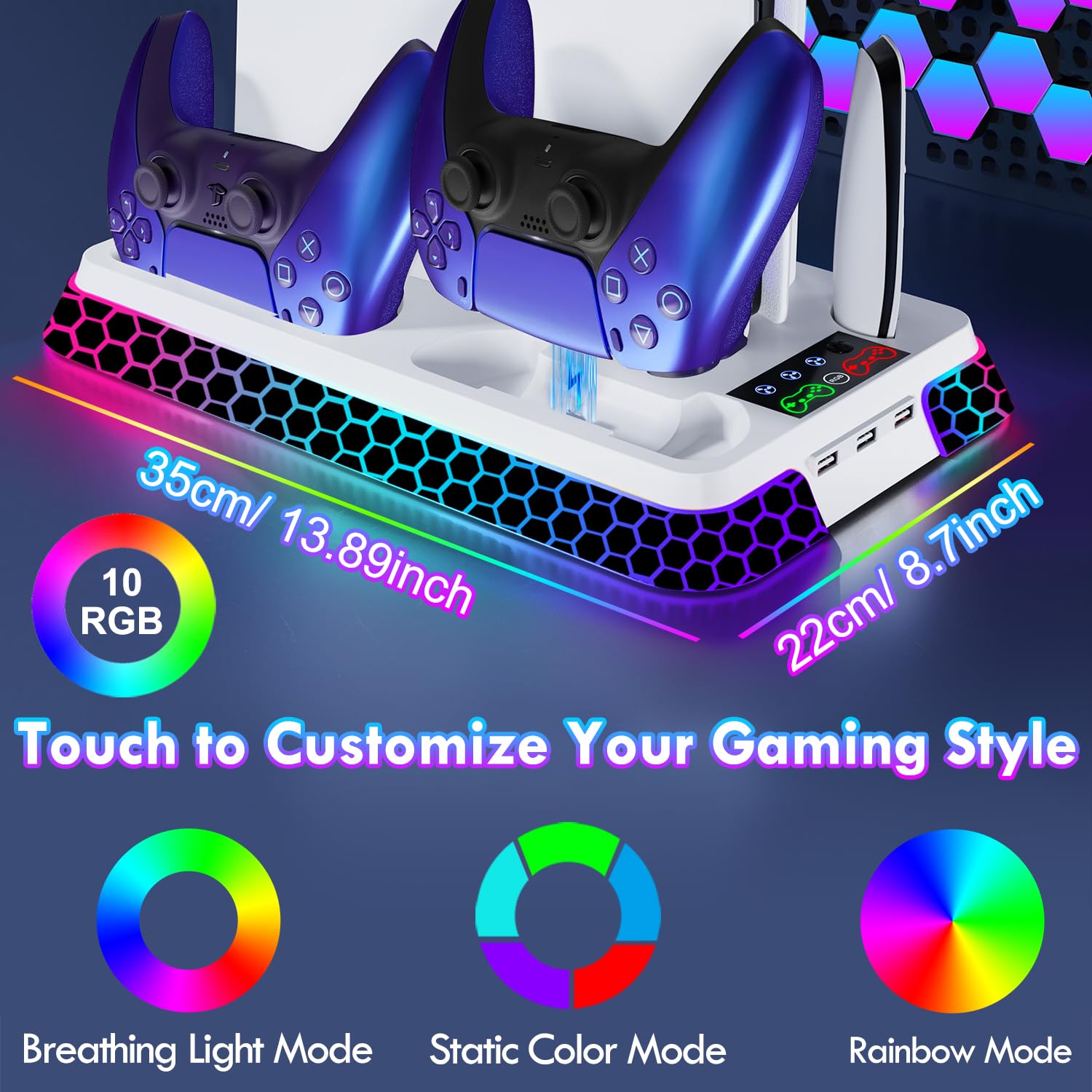 Ugame Estación de refrigeración PS5 para consola PS5/Pro/Slim con luces RGB, soporte PS5 con ventiladores de refrigeración silenciosos de 3 niveles, cargador de controlador dual y concentradores USB