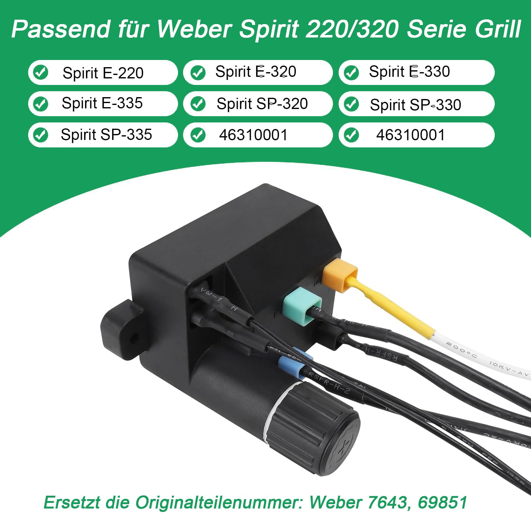 WELL GRILL 7643 Elektronischer Zünder Kit Ersatz für Weber Spirit 220 320 330 335 Serie Gasgrill, 69851 Piezozünder Elektrozünder Funkenzünder Druckknopf mit Drahtmanagement und Keramikschutz Zubehör