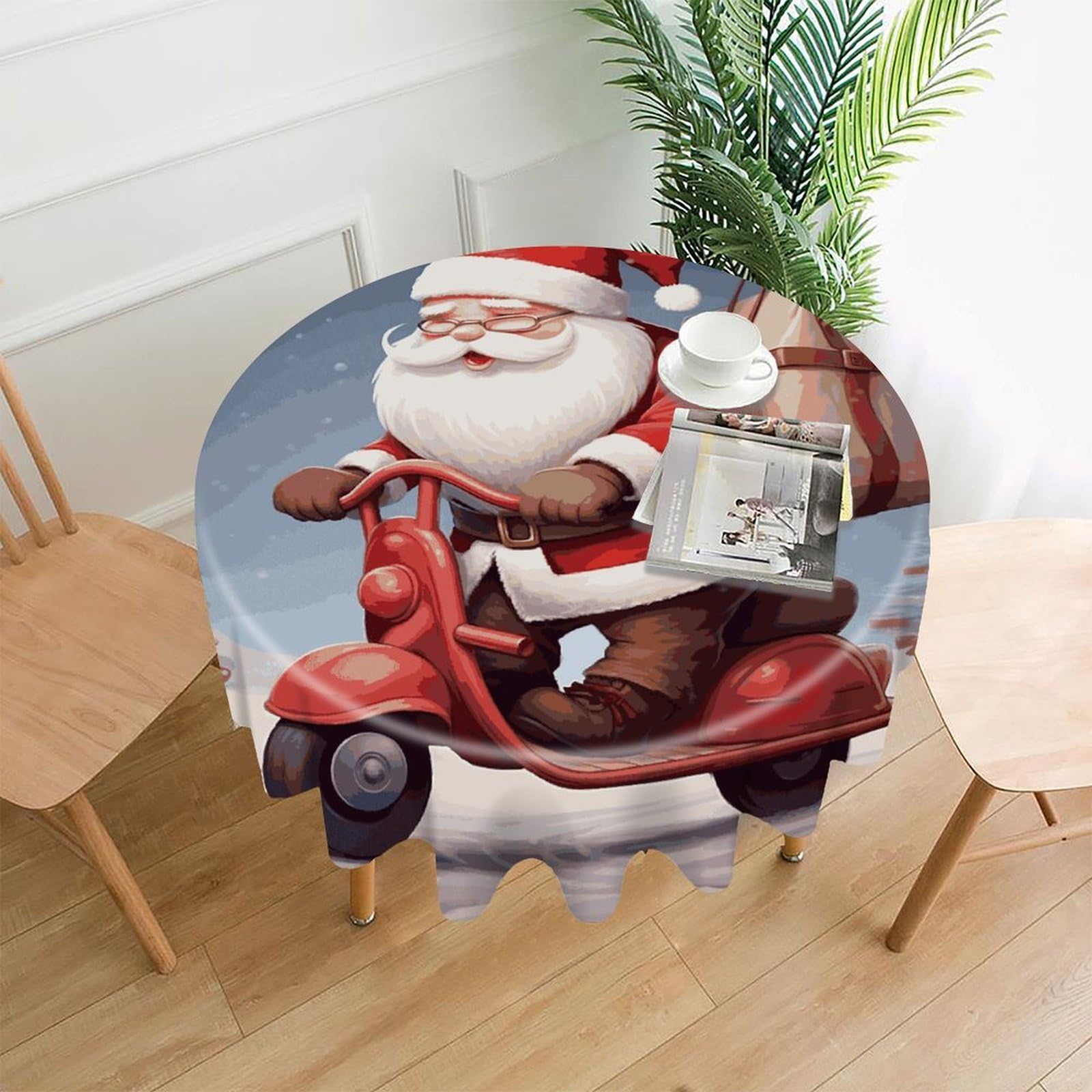 FekiLoot Santa Claus on Scooter Round Tablecloth Cover 60 Inch Wrinkle Free Washable Polyester Fabric Table Cover Decorative Round Table Cloth for Home Dining Kitchen Party Farmhouse
