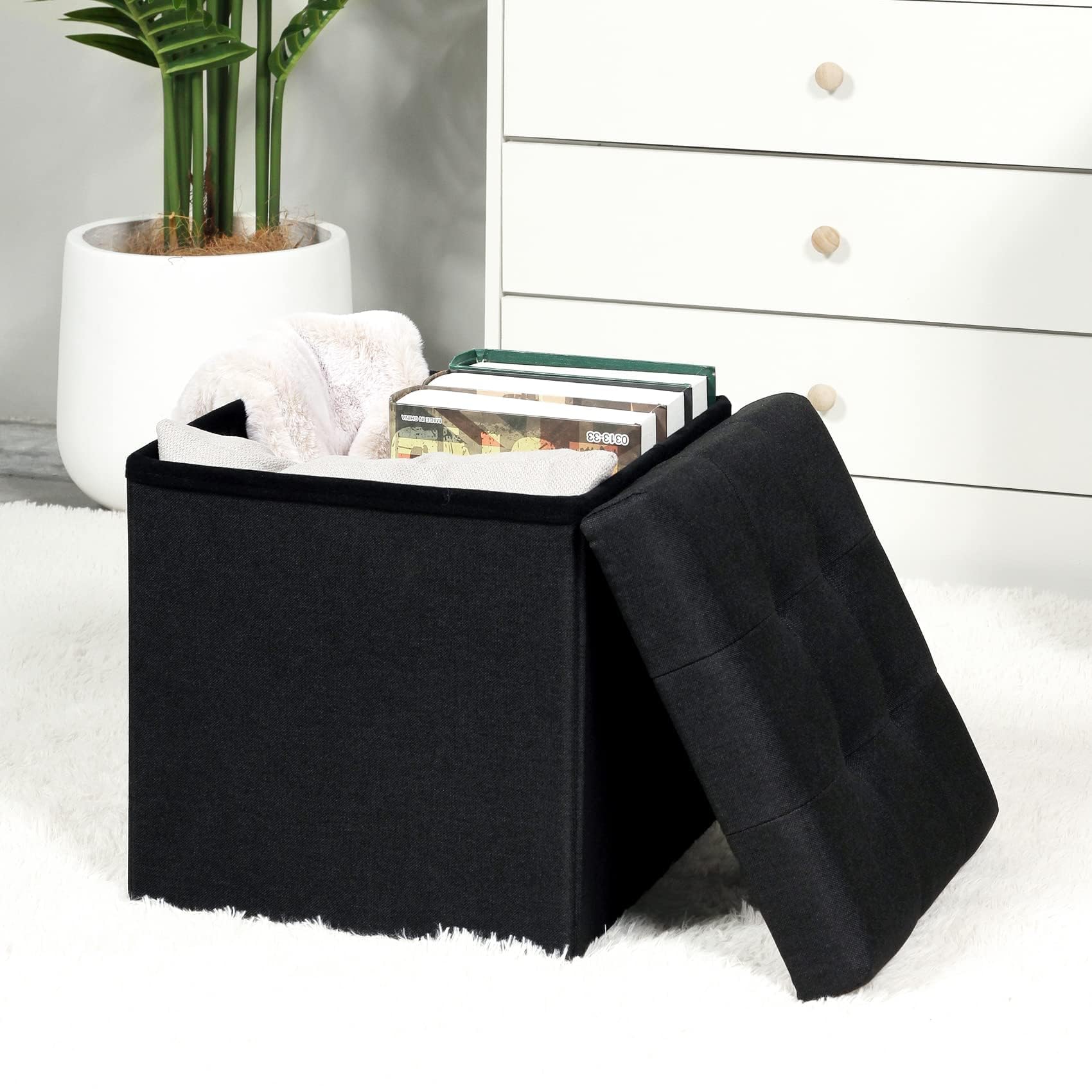 B FSOBEIIALEO Storage Ottoman Cube, Storage Chest Folding Foot Rest Seat, Linen Black 12.6