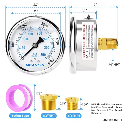 Miniatura 2 de MEANLIN MEASURE - Manómetro de acero inoxidable, relleno de líquido, esfera con cara de 2.5 pulgadas, NPT de 14 de pulgada, agua, aceite y gas,