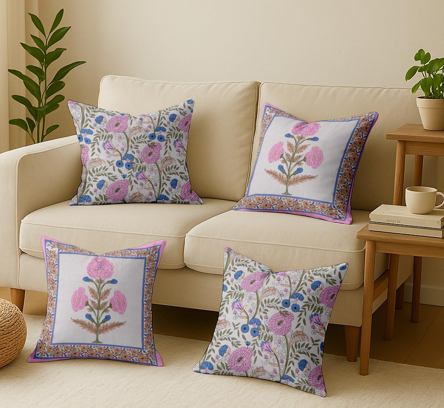 16x16, Cotton Cushion Covers Set of 4 Printed Throw Pillow Covers with Hidden Zip, Double Sided Design - Pink, Floral Design