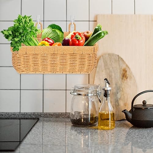Miniatura 2 de Cabilock Cesta de almacenamiento de ratán para colgar en la pared, cesta de cebolla, cesta tejida de mimbre, cesta de almacenamiento de frutas y