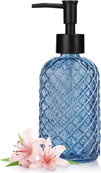 1 Pack 14oz Glass Soap Dispenser with Plastic Pump, Diamond Design Refillable Hand Soap Dispenser for Hand Wash, Bathroom and Kitchen