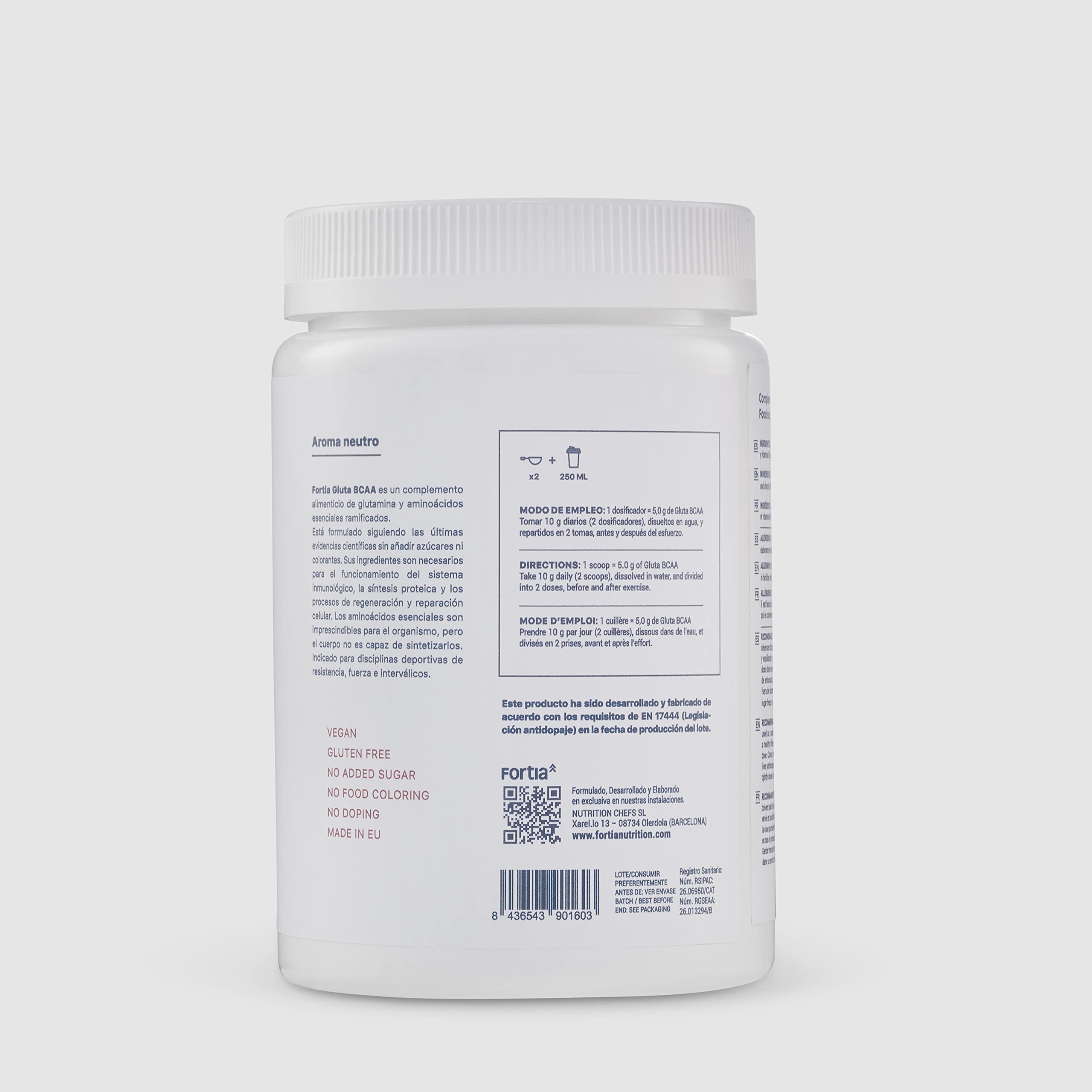FORTIA – GlutaBCAA, Glutamina + BCAA, Aminoácidos Ramificados, Gluta BCAA en Polvo, Regeneración Muscular, Recuperación, Menor Fatiga, Sistema Inmune, Sabor Neutro, 300g