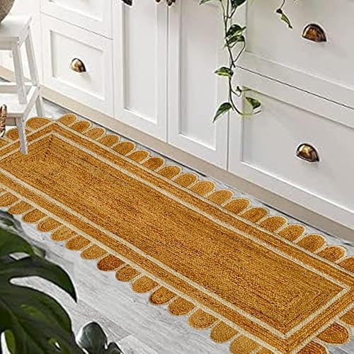 Miniatura 6 de GRUHUM Alfombra de yute festoneado de 2 pies 6 pulgadas x 6 pies, base natural, ribete blanco roto, tejida a mano, reversible, suave, trenzada, de