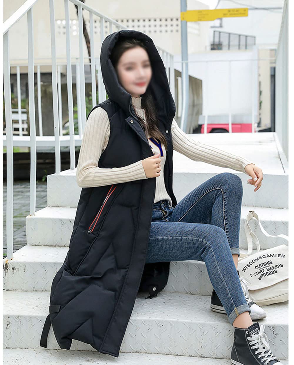 Gilet Invernale Lungo Da Donna, Con Cappuccio, Invernale, Senza Maniche, Caldo, Con Tasche, Gilet Invernale Imbottito Lungo Trapuntato Giacca Da Donna Smanicato Piumino,Nero,L
