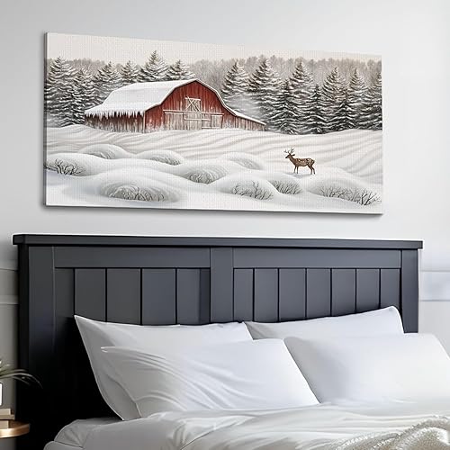 Miniatura 3 de 30"x 60" Canvas Wall Art Vintage Winter Forest Deer Barn Sepia Lithograph Print Framed Pictures Painting Prints Large Wall Art for Living Room