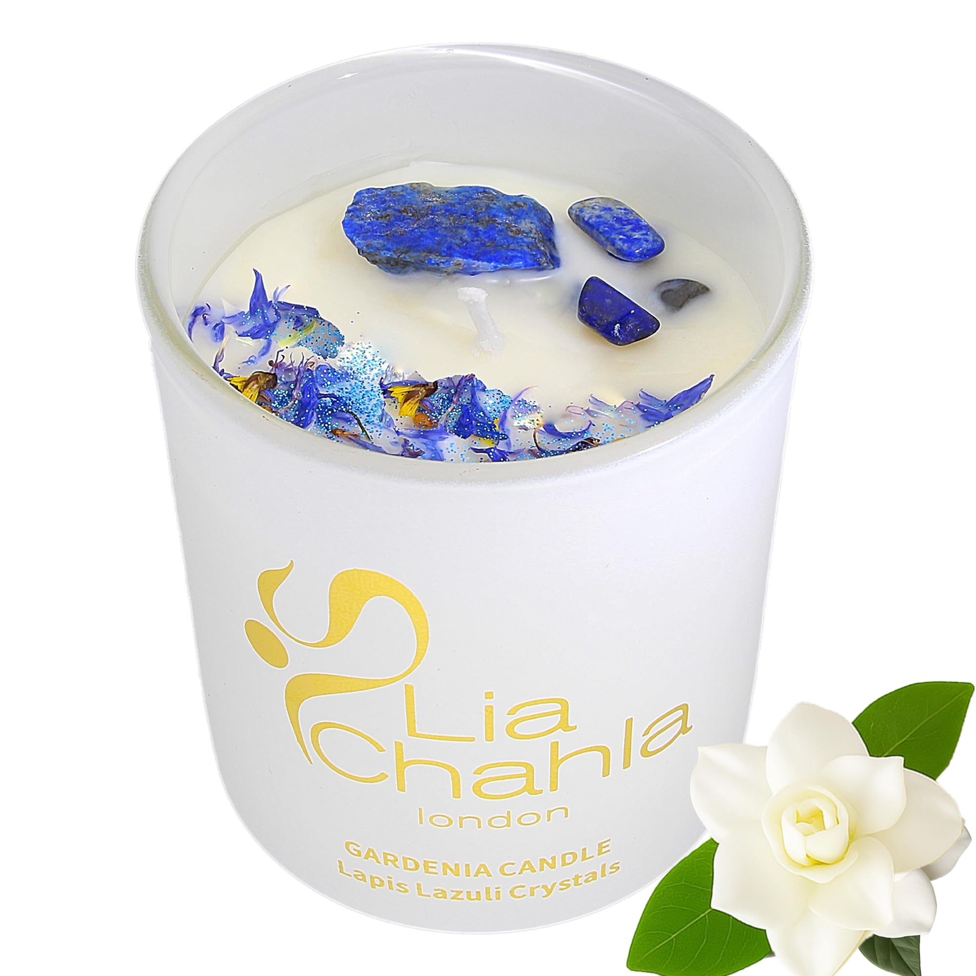 Lia Chahla London Gardenia Soy Candle with Lapis Lazuli Crystals, Natural Aromatherapy Candle, Luxury Scented Candle for Home