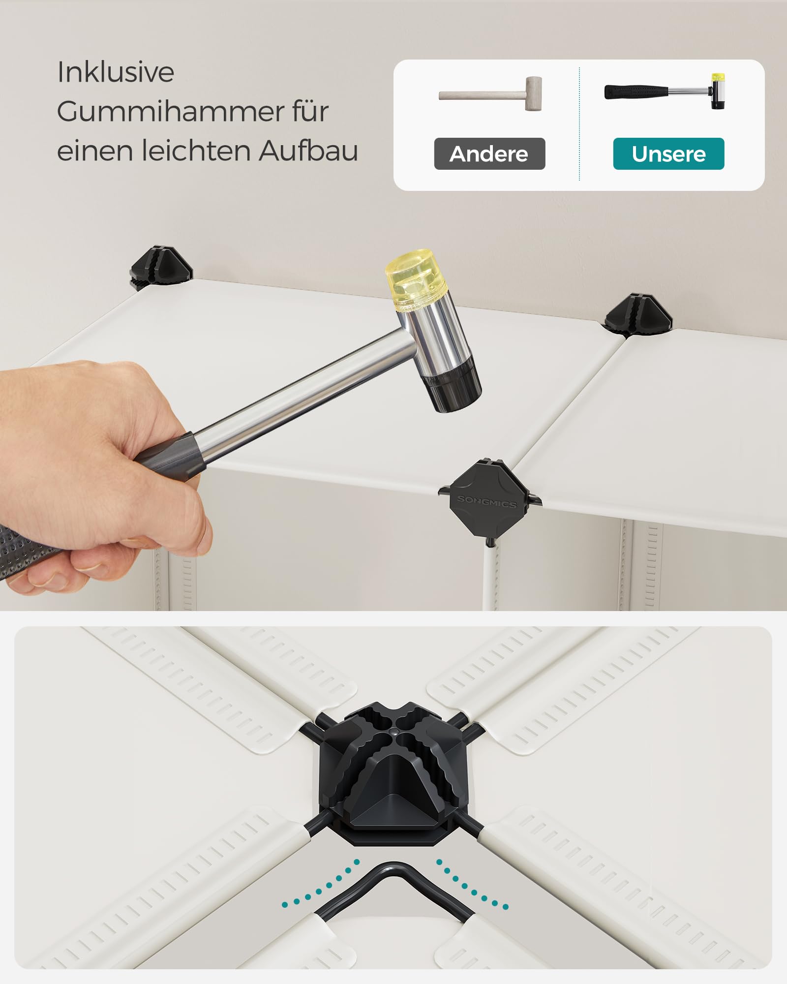 SONGMICS Schuhregal, Regalsystem, Steckregal, Set aus 16 Würfeln, DIY Regal, stapelbar, aus PP-Kunststoff, als Garderobe, für Schlafzimmer, Büro, 31 x 123 x 123 cm, cremeweiß LPC442M01