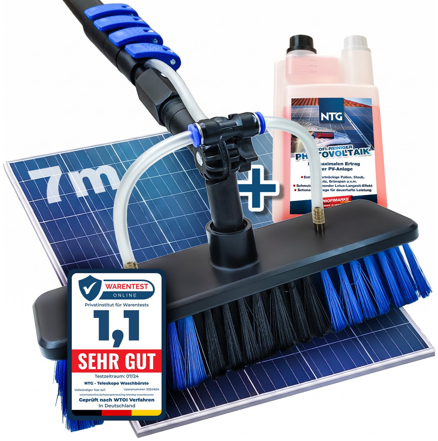Brosse de Lavage télescopique NTG pour Le Nettoyage des installations solaires et des fenêtres| Version 4,6 mètres ou 7 mètres | avec raccordement à l'eau et Distributeur de Savon