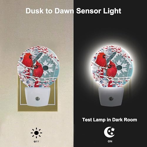 Miniatura 2 de Uanvaha Luz nocturna cardenal del norte, pájaro, pareja, en rama de abeto, nieve, caída, luces nocturnas, enchufables a la pared, 0.5 W, luces LED