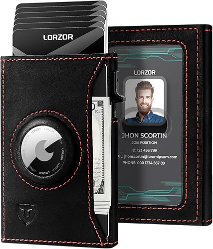 LORZOR Cartera delgada Airtag, Rojo-negro, Minimalista