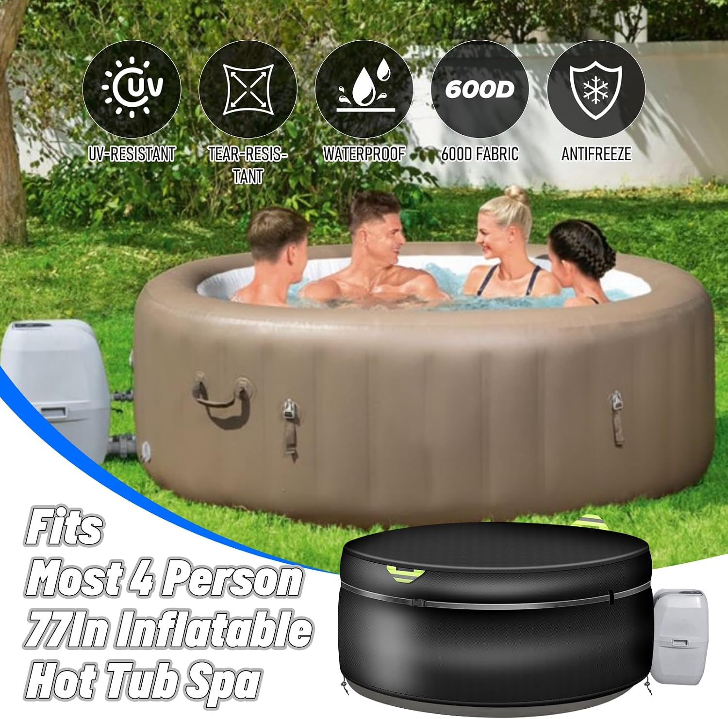 Portable 4 Persons Insulated Round Hot Tub Cover, 79"x28.3" 420D Full Coverage Outdoor Hot Tub Thermal Cover for Keeping Warm Extra Insulation, UV Resistant Waterproof Spa Safety Protector