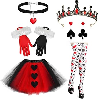 Jiuguva 6 Pcs Halloween Queen Costume for Women Red Black Heart Skirt Gloves Necklace Earrings High Sock for Cosplay