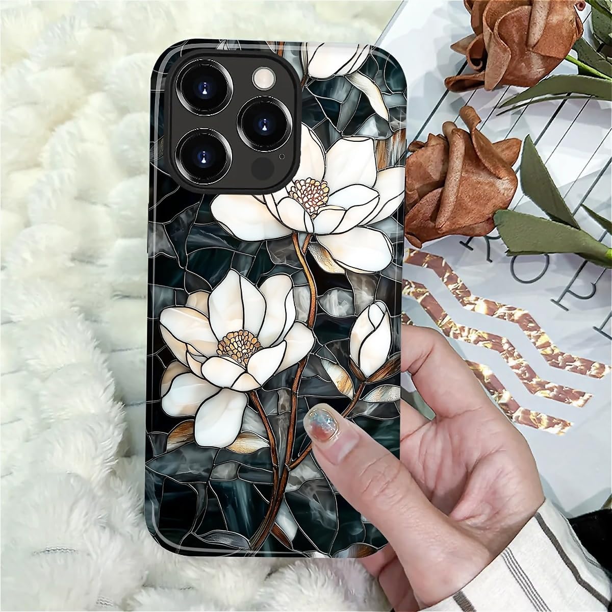 Magnetic Case for iPhone 15 Pro Max,Compatible with Magsafe,PC Hard Shell & Silicone Inner Bumper,Shockproof Full-Body Cover for iPhone 15 Pro Max Case - Stained Glass Unique Magnolia - Image 7