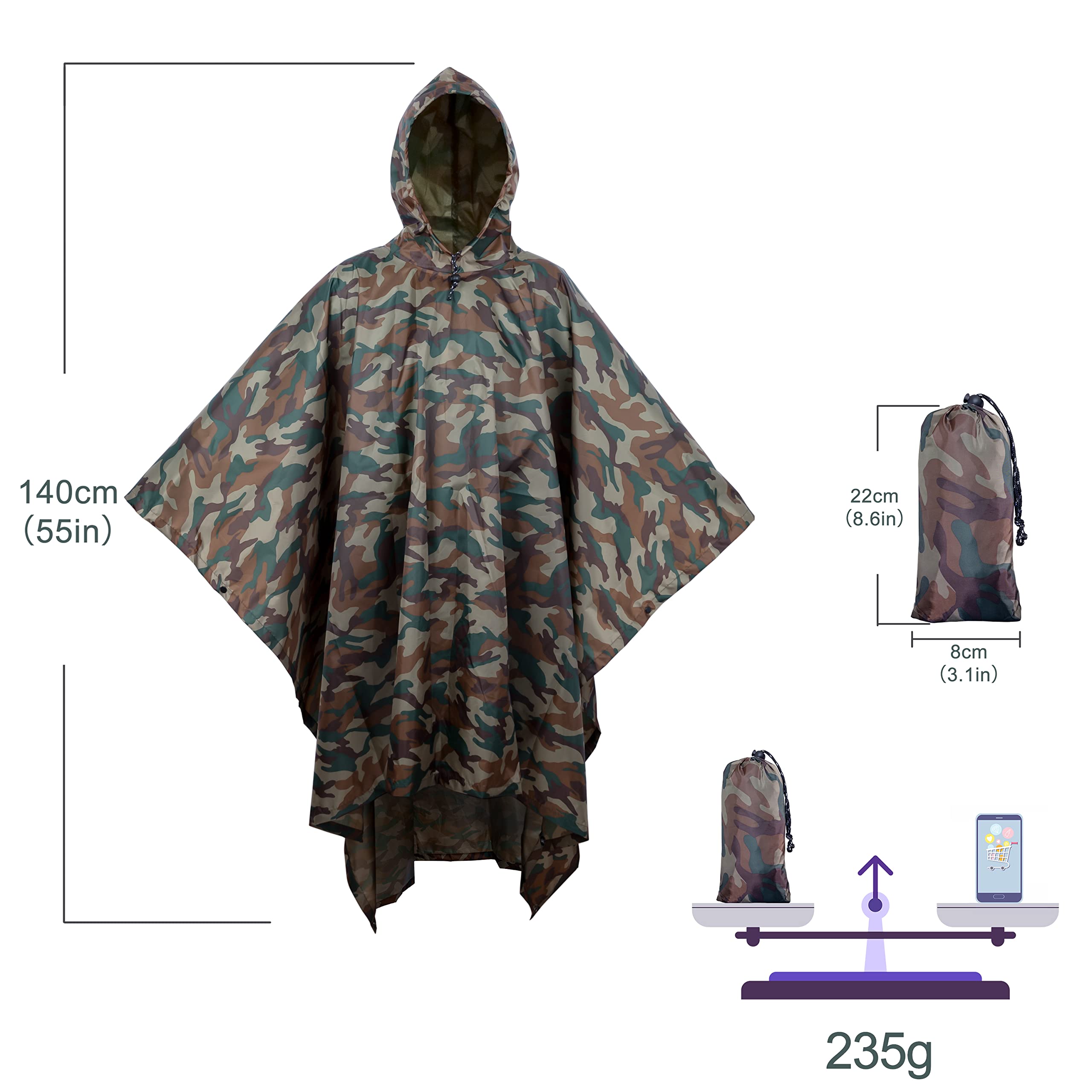 Feelorna Poncho impermeabile da donna e uomo, impermeabile riutilizzabile con cappuccio per adulti, 3 in 1, multifunzione, per escursioni, campeggio, equitazione, Nero , Taglia unica